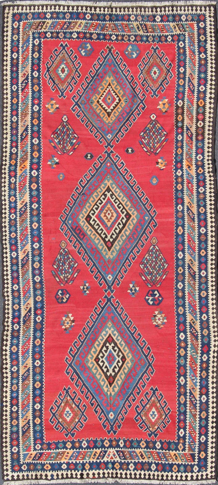 Vibrant color - toned Geometric Design Kilim Runner antique Qashqai Kilim Gallery from Persia, rug 19 - 0402, country of origin / type: Iran / Kilim, circa 1920 Featuring a geometric diamond medallion design, with complementary geometric motifs thro... - Keivan Woven Arts19 - 0402 - 2720Rug