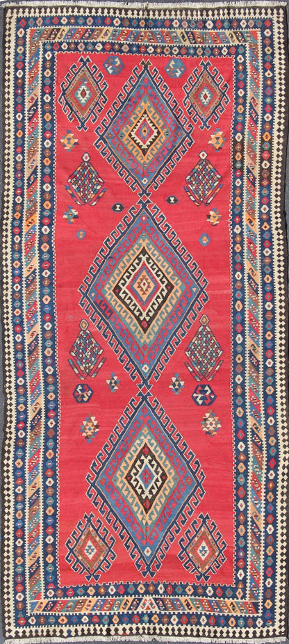 Vibrant color - toned Geometric Design Kilim Runner antique Qashqai Kilim Gallery from Persia, rug 19 - 0402, country of origin / type: Iran / Kilim, circa 1920 Featuring a geometric diamond medallion design, with complementary geometric motifs thro... - Keivan Woven Arts19 - 0402 - 2720Rug