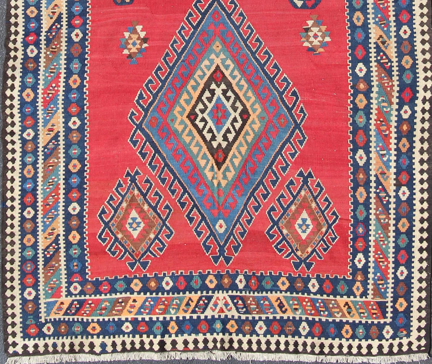 Vibrant color - toned Geometric Design Kilim Runner antique Qashqai Kilim Gallery from Persia, rug 19 - 0402, country of origin / type: Iran / Kilim, circa 1920 Featuring a geometric diamond medallion design, with complementary geometric motifs thro... - Keivan Woven Arts19 - 0402 - 2720Rug