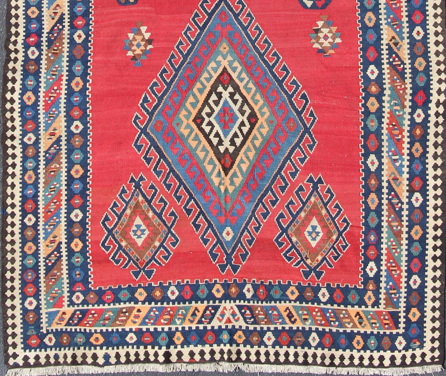 Vibrant color - toned Geometric Design Kilim Runner antique Qashqai Kilim Gallery from Persia, rug 19 - 0402, country of origin / type: Iran / Kilim, circa 1920 Featuring a geometric diamond medallion design, with complementary geometric motifs thro... - Keivan Woven Arts19 - 0402 - 2720Rug