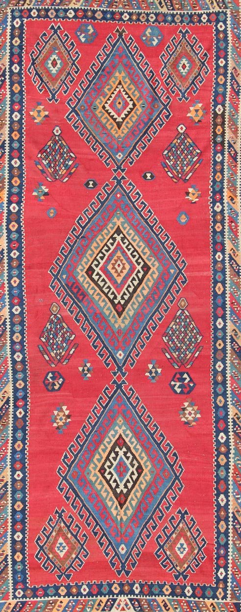Vibrant color - toned Geometric Design Kilim Runner antique Qashqai Kilim Gallery from Persia, rug 19 - 0402, country of origin / type: Iran / Kilim, circa 1920 Featuring a geometric diamond medallion design, with complementary geometric motifs thro... - Keivan Woven Arts19 - 0402 - 2720Rug
