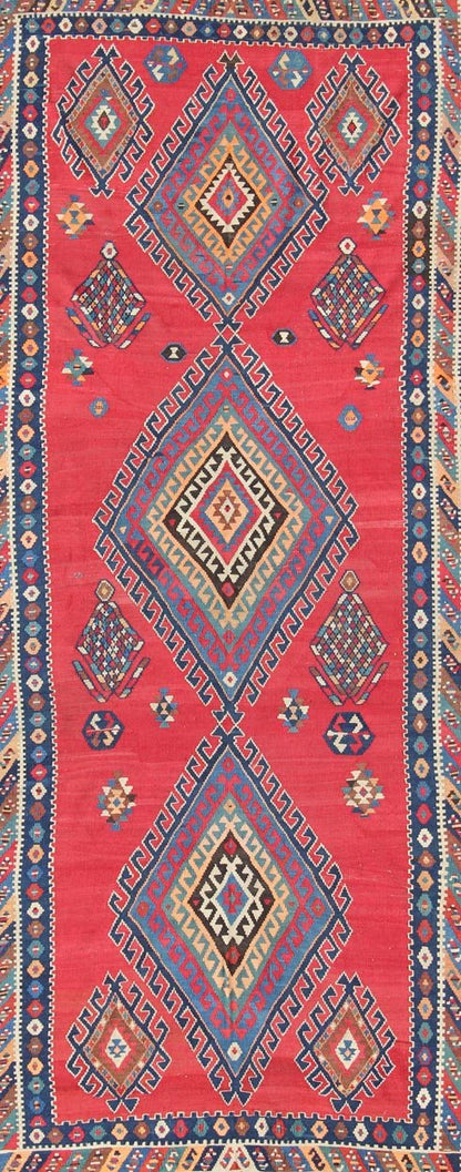 Vibrant color - toned Geometric Design Kilim Runner antique Qashqai Kilim Gallery from Persia, rug 19 - 0402, country of origin / type: Iran / Kilim, circa 1920 Featuring a geometric diamond medallion design, with complementary geometric motifs thro... - Keivan Woven Arts19 - 0402 - 2720Rug