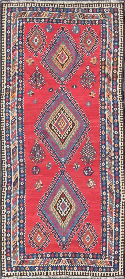 Vibrant color - toned Geometric Design Kilim Runner antique Qashqai Kilim Gallery from Persia, rug 19 - 0402, country of origin / type: Iran / Kilim, circa 1920 Featuring a geometric diamond medallion design, with complementary geometric motifs thro... - Keivan Woven Arts19 - 0402 - 2720