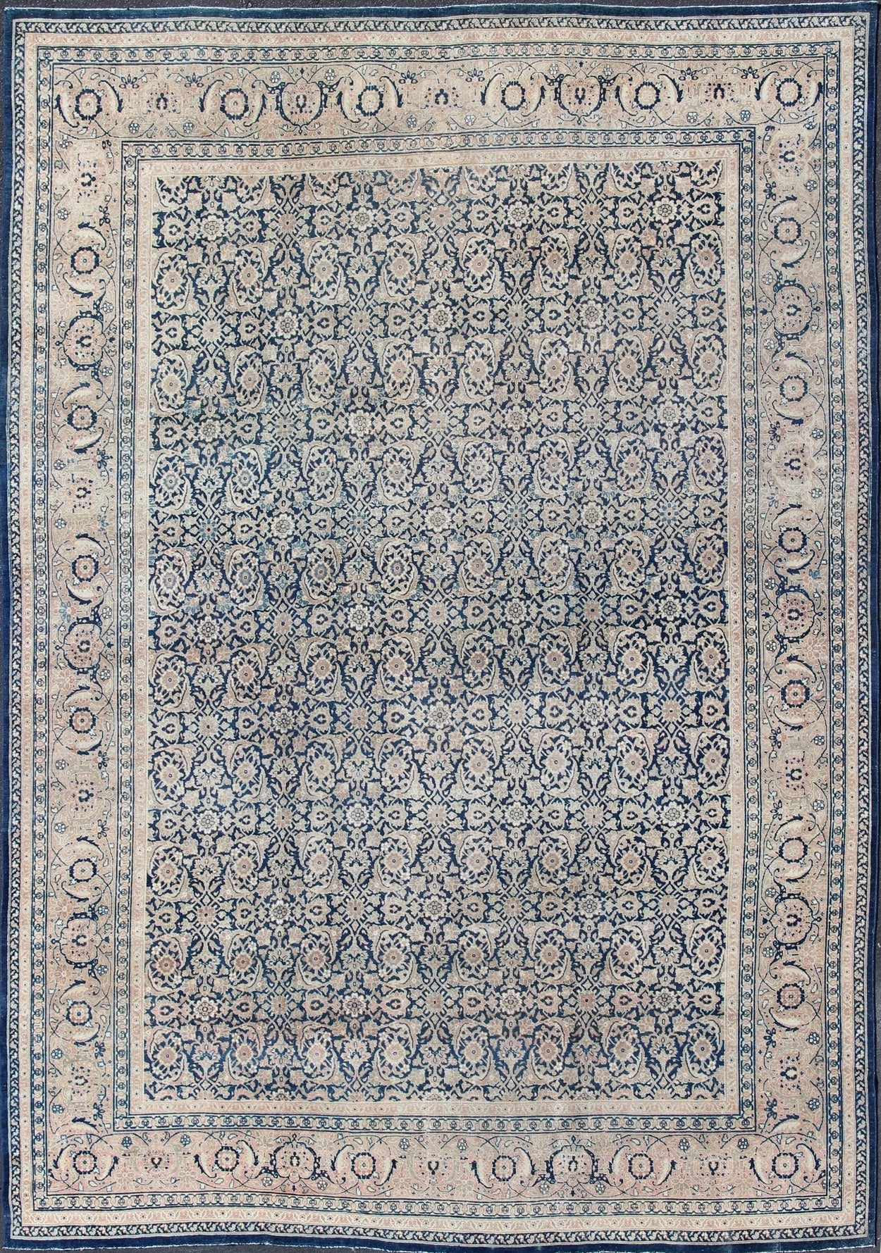 Antique Persian Tabriz carpet with geometric Herati design in dark blue tones. Dark blue, Navy blue, gray, taupe, tan and brown geometric Persian Tabriz rug. Keivan Woven Arts / rug 19 - 0404, country of origin / type: Iran / Tabriz, circa 1910. Measu... - Keivan Woven Arts19 - 0404 - 1873Rug