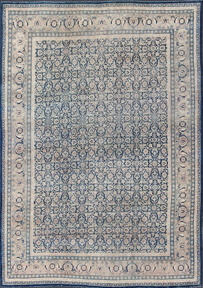 Antique Persian Tabriz carpet with geometric Herati design in dark blue tones. Dark blue, Navy blue, gray, taupe, tan and brown geometric Persian Tabriz rug. Keivan Woven Arts / rug 19 - 0404, country of origin / type: Iran / Tabriz, circa 1910. Measu... - Keivan Woven Arts19 - 0404 - 1873Rug