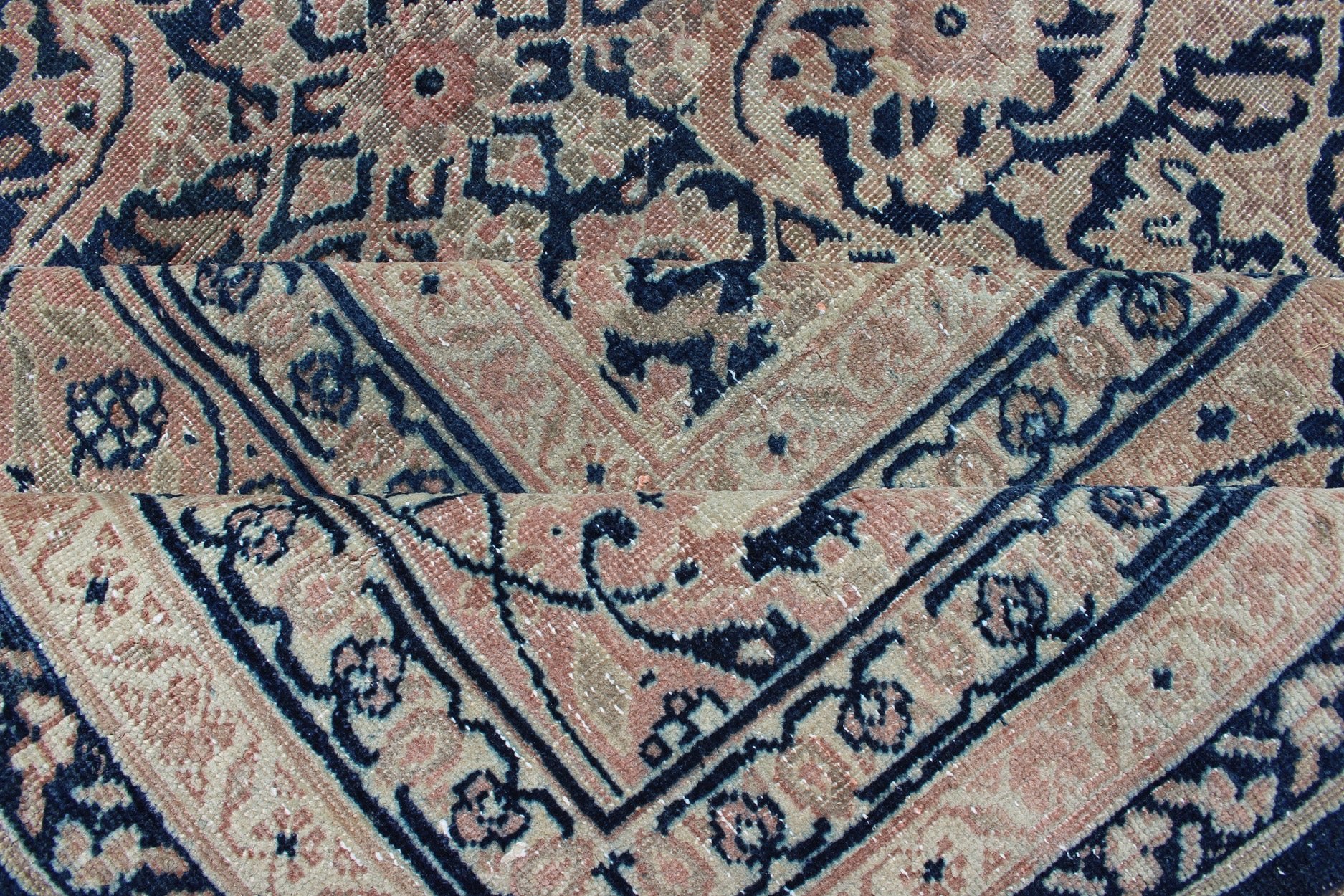 Antique Persian Tabriz carpet with geometric Herati design in dark blue tones. Dark blue, Navy blue, gray, taupe, tan and brown geometric Persian Tabriz rug. Keivan Woven Arts / rug 19 - 0404, country of origin / type: Iran / Tabriz, circa 1910. Measu... - Keivan Woven Arts19 - 0404 - 1873Rug