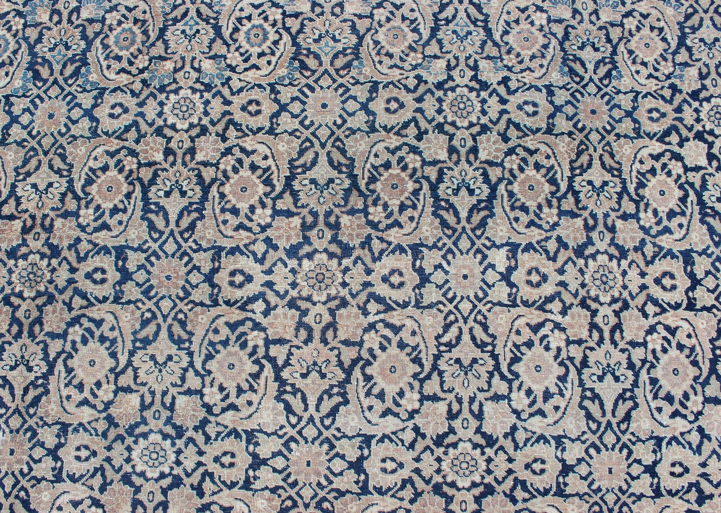 Antique Persian Tabriz carpet with geometric Herati design in dark blue tones. Dark blue, Navy blue, gray, taupe, tan and brown geometric Persian Tabriz rug. Keivan Woven Arts / rug 19 - 0404, country of origin / type: Iran / Tabriz, circa 1910. Measu... - Keivan Woven Arts19 - 0404 - 1873Rug