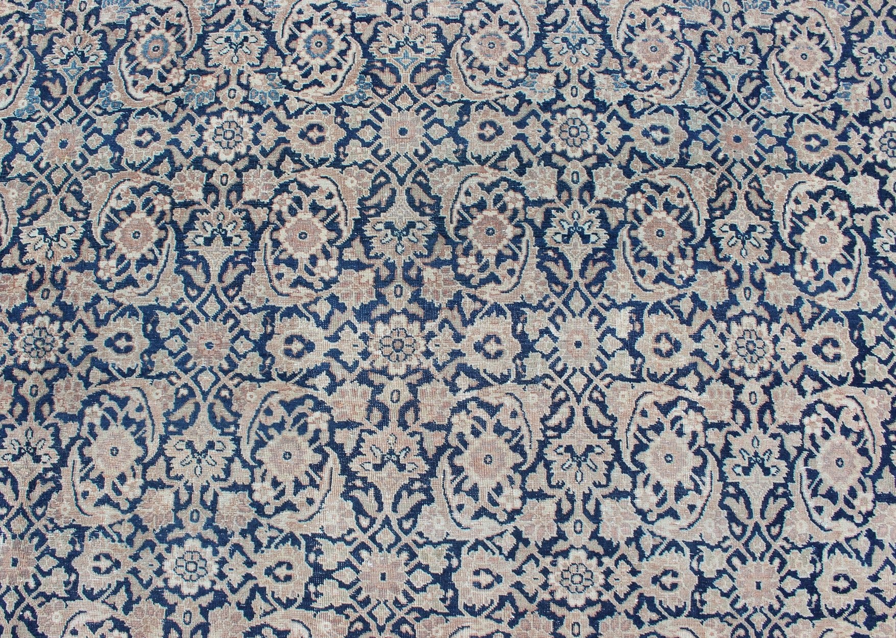Antique Persian Tabriz carpet with geometric Herati design in dark blue tones. Dark blue, Navy blue, gray, taupe, tan and brown geometric Persian Tabriz rug. Keivan Woven Arts / rug 19 - 0404, country of origin / type: Iran / Tabriz, circa 1910. Measu... - Keivan Woven Arts19 - 0404 - 1873Rug