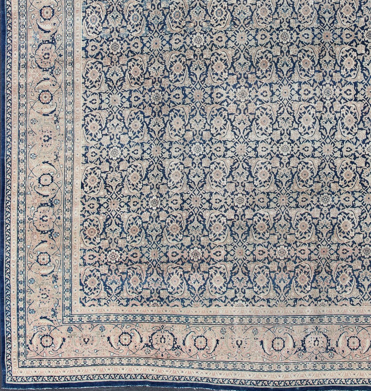 Antique Persian Tabriz carpet with geometric Herati design in dark blue tones. Dark blue, Navy blue, gray, taupe, tan and brown geometric Persian Tabriz rug. Keivan Woven Arts / rug 19 - 0404, country of origin / type: Iran / Tabriz, circa 1910. Measu... - Keivan Woven Arts19 - 0404 - 1873Rug