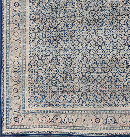 Antique Persian Tabriz carpet with geometric Herati design in dark blue tones. Dark blue, Navy blue, gray, taupe, tan and brown geometric Persian Tabriz rug. Keivan Woven Arts / rug 19 - 0404, country of origin / type: Iran / Tabriz, circa 1910. Measu... - Keivan Woven Arts19 - 0404 - 1873Rug
