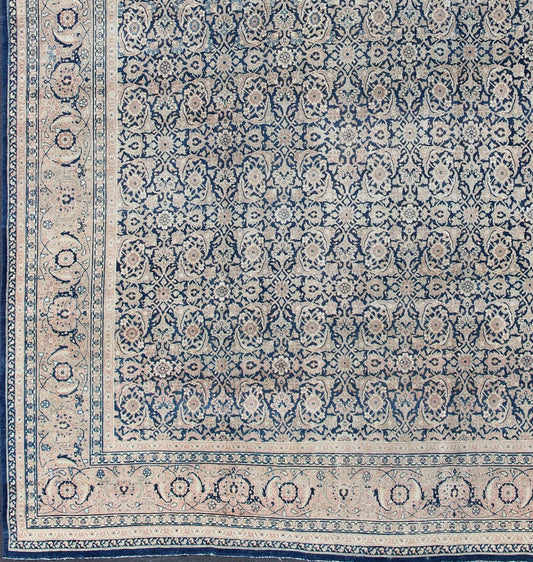 Antique Persian Tabriz carpet with geometric Herati design in dark blue tones. Dark blue, Navy blue, gray, taupe, tan and brown geometric Persian Tabriz rug. Keivan Woven Arts / rug 19 - 0404, country of origin / type: Iran / Tabriz, circa 1910. Measu... - Keivan Woven Arts19 - 0404 - 1873Rug