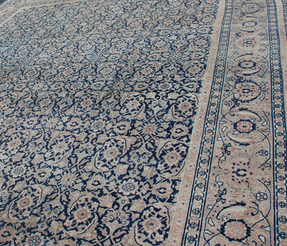 Antique Persian Tabriz carpet with geometric Herati design in dark blue tones. Dark blue, Navy blue, gray, taupe, tan and brown geometric Persian Tabriz rug. Keivan Woven Arts / rug 19 - 0404, country of origin / type: Iran / Tabriz, circa 1910. Measu... - Keivan Woven Arts19 - 0404 - 1873Rug