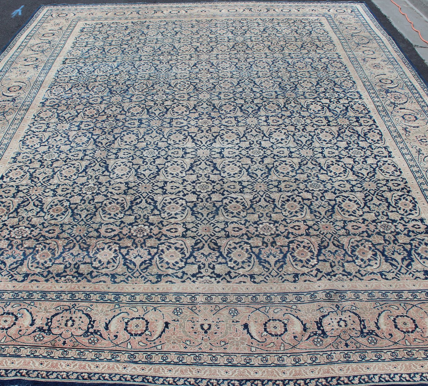 Antique Persian Tabriz carpet with geometric Herati design in dark blue tones. Dark blue, Navy blue, gray, taupe, tan and brown geometric Persian Tabriz rug. Keivan Woven Arts / rug 19 - 0404, country of origin / type: Iran / Tabriz, circa 1910. Measu... - Keivan Woven Arts19 - 0404 - 1873Rug