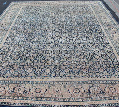 Antique Persian Tabriz carpet with geometric Herati design in dark blue tones. Dark blue, Navy blue, gray, taupe, tan and brown geometric Persian Tabriz rug. Keivan Woven Arts / rug 19 - 0404, country of origin / type: Iran / Tabriz, circa 1910. Measu... - Keivan Woven Arts19 - 0404 - 1873Rug