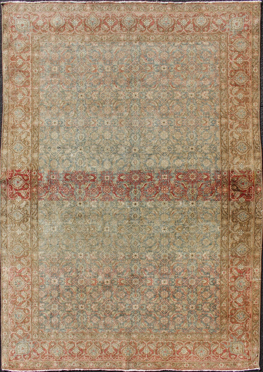 Antique Persian Tabriz Rug in Gray and Coral - Red Red, border with gray, and blue Persian Tabriz antique rug in sub geometric design, rug 19 - 0407, country of origin / type: Iran / Tabriz, circa 1910. This antique Persian Tabriz carpet (cir... - Keivan Woven Arts19 - 0407 - 11281Rug