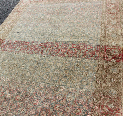 Antique Persian Tabriz Rug in Gray and Coral - Red Red, border with gray, and blue Persian Tabriz antique rug in sub geometric design, rug 19 - 0407, country of origin / type: Iran / Tabriz, circa 1910. This antique Persian Tabriz carpet (cir... - Keivan Woven Arts19 - 0407 - 11281Rug