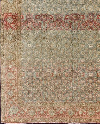 Antique Persian Tabriz Rug in Gray and Coral - Red Red, border with gray, and blue Persian Tabriz antique rug in sub geometric design, rug 19 - 0407, country of origin / type: Iran / Tabriz, circa 1910. This antique Persian Tabriz carpet (cir... - Keivan Woven Arts19 - 0407 - 11281Rug