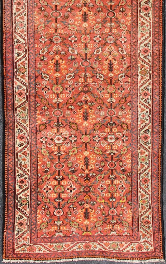 Antique Persian Sultanabad Persian runner with geometric design in red and Orange, rug 19 - 0408, country of origin / type: Iran / Sultanabad, circa 1920 This vintage Persian Sultanabad Mahal runner, circa early 20th century, relies heavily on exq... - Keivan Woven Arts19 - 0408 - 11285Rug