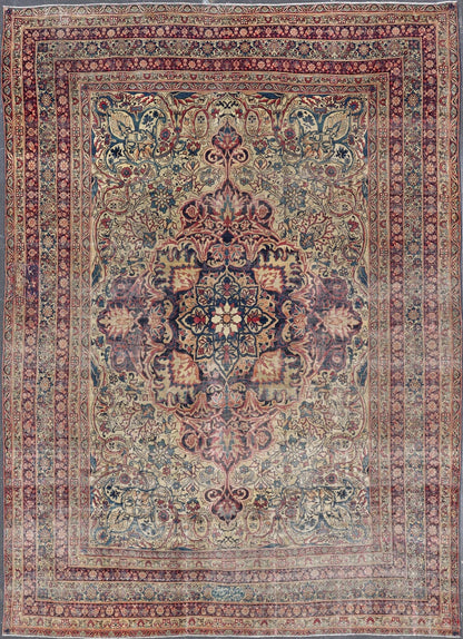 Lavar Kerman Antique rug from Persia with vibrant jewel tones and Floral Medallion Design, rug 19 - 0502, country of origin / type: Iran / Kerman, circa 1900 This antique Persian Lavar Kerman rug, circa 1900 from the early 20th century, features a... - Keivan Woven Arts19 - 0502 - 2736Rug