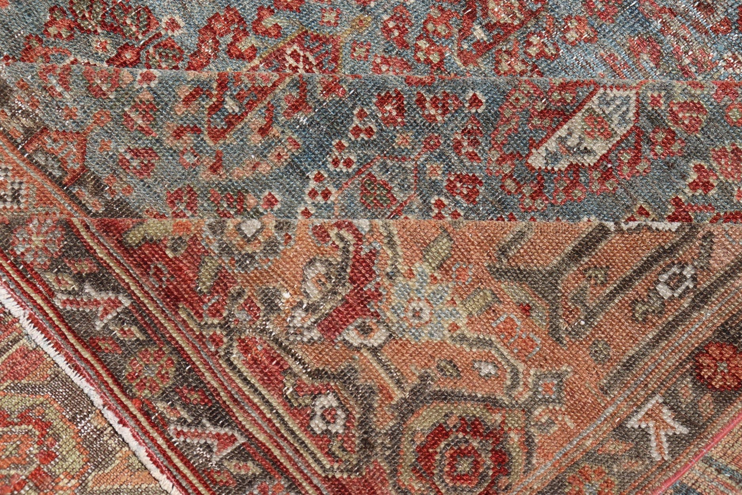 19th century Antique Feraghan Gallery Persian Rug With All - Over Paisley Geometric Design. Keivan Woven Arts / rug 19 - 0503, country of origin / type: Iran / Feraghan, circa 1890 Measures: 7'4 x 17'0 Set on Steel blue background and light... - Keivan Woven Arts19 - 0503 - 5102Rug