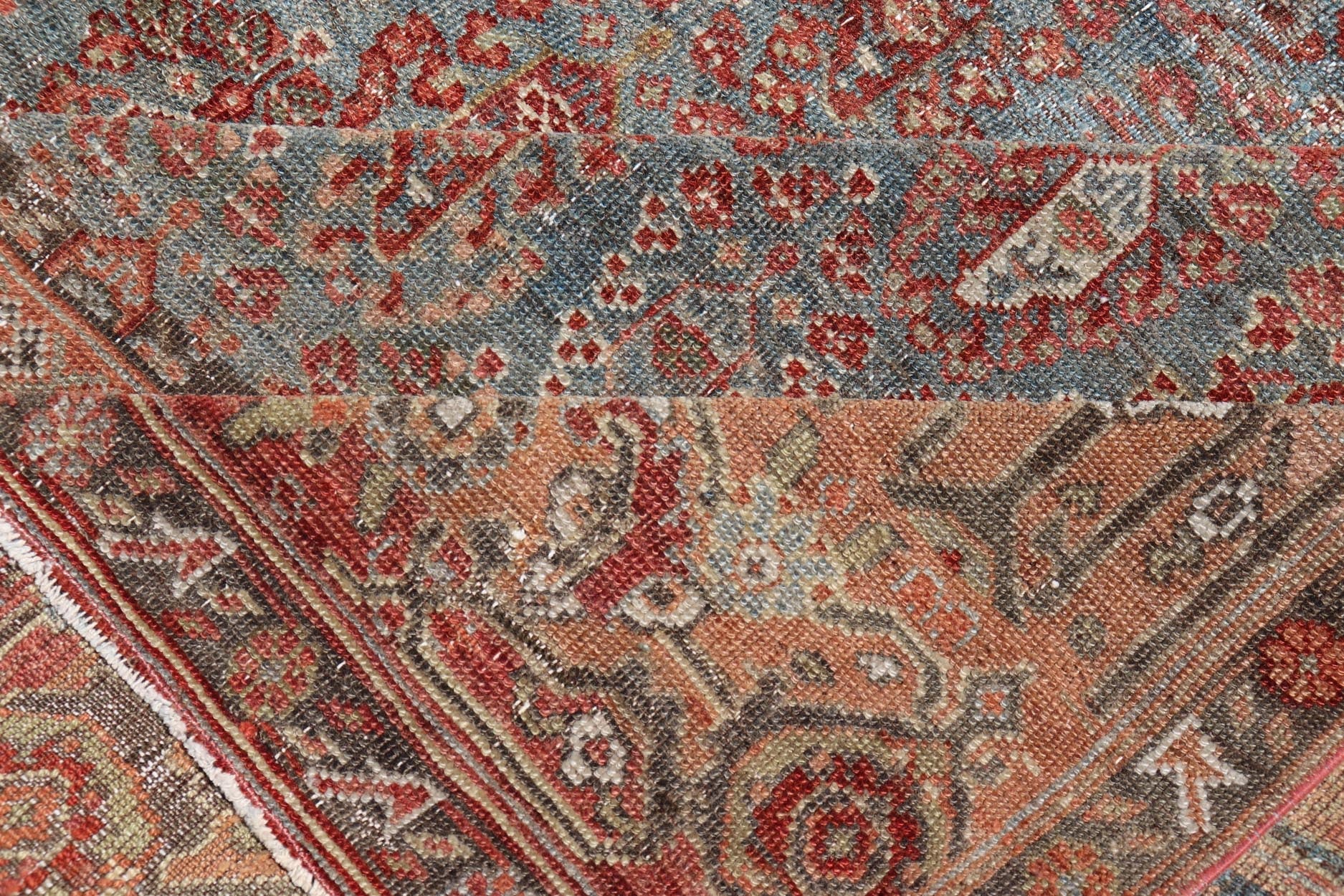 19th century Antique Feraghan Gallery Persian Rug With All - Over Paisley Geometric Design. Keivan Woven Arts / rug 19 - 0503, country of origin / type: Iran / Feraghan, circa 1890 Measures: 7'4 x 17'0 Set on Steel blue background and light... - Keivan Woven Arts19 - 0503 - 5102Rug