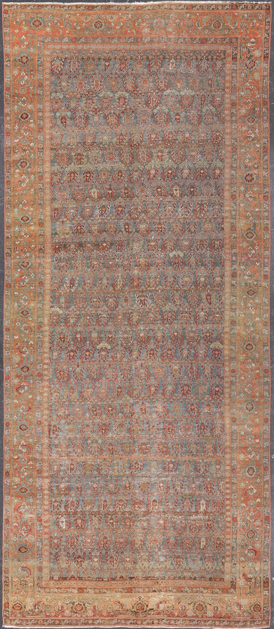 19th century Antique Feraghan Gallery Persian Rug With All - Over Paisley Geometric Design. Keivan Woven Arts / rug 19 - 0503, country of origin / type: Iran / Feraghan, circa 1890 Measures: 7'4 x 17'0 Set on Steel blue background and light... - Keivan Woven Arts19 - 0503 - 5102Rug