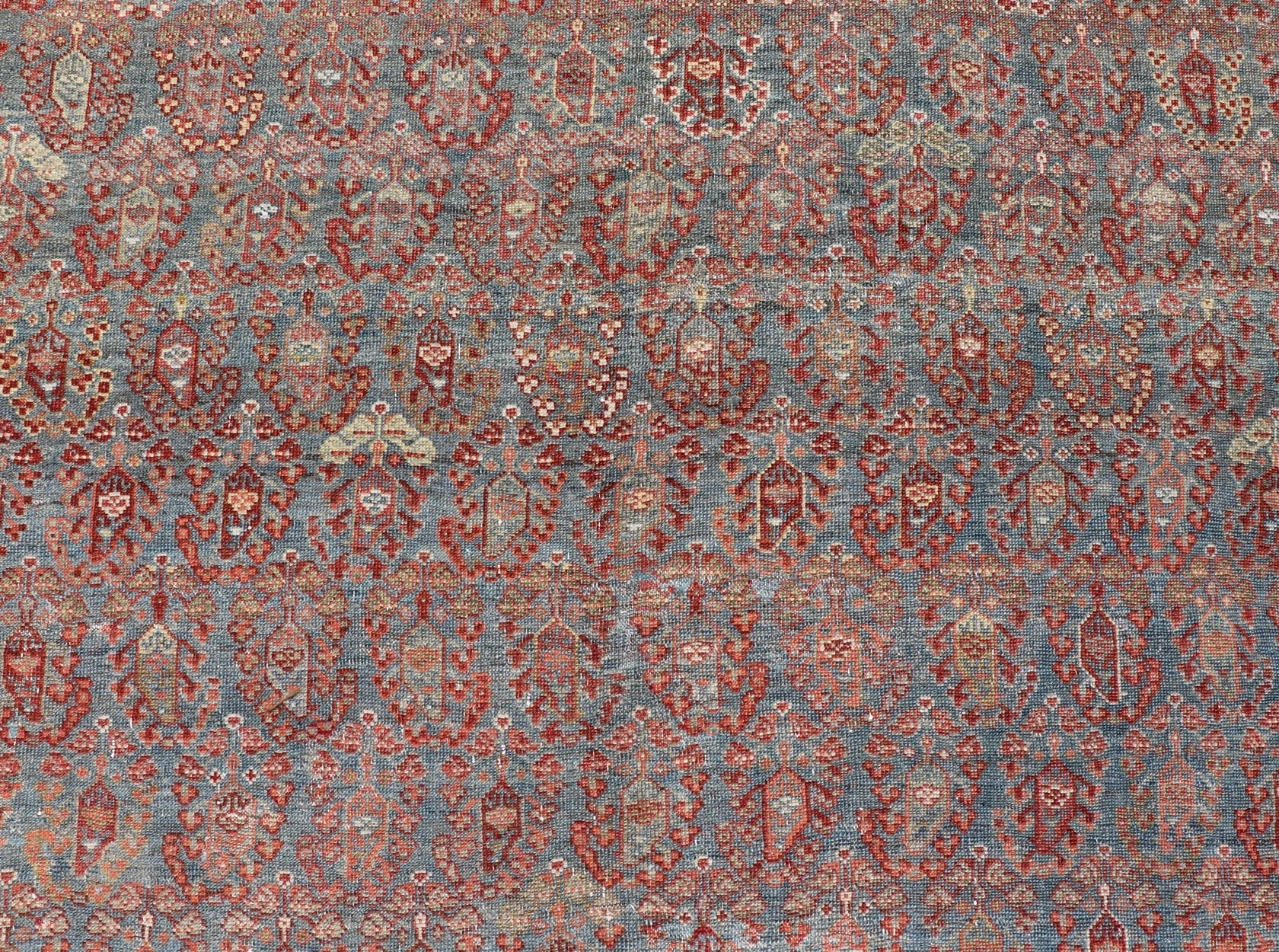 19th century Antique Feraghan Gallery Persian Rug With All - Over Paisley Geometric Design. Keivan Woven Arts / rug 19 - 0503, country of origin / type: Iran / Feraghan, circa 1890 Measures: 7'4 x 17'0 Set on Steel blue background and light... - Keivan Woven Arts19 - 0503 - 5102Rug