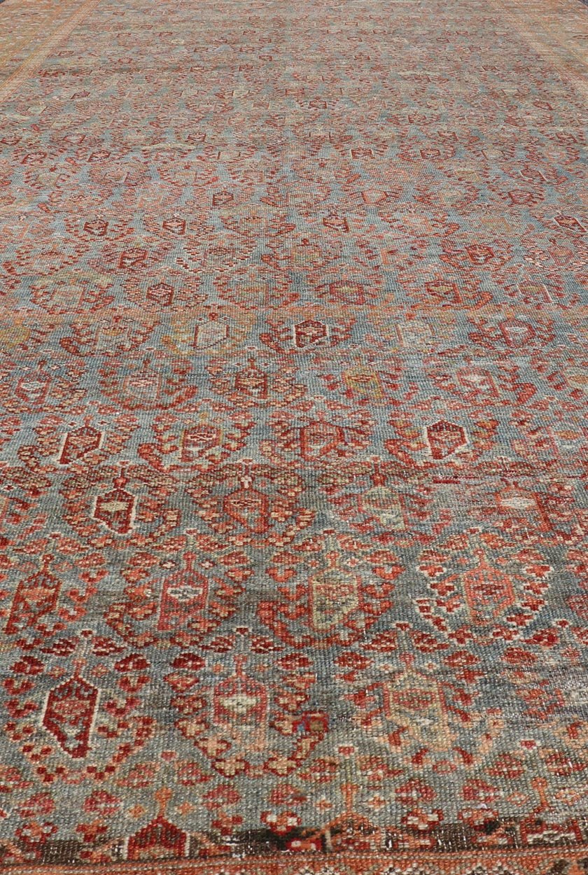 19th century Antique Feraghan Gallery Persian Rug With All - Over Paisley Geometric Design. Keivan Woven Arts / rug 19 - 0503, country of origin / type: Iran / Feraghan, circa 1890 Measures: 7'4 x 17'0 Set on Steel blue background and light... - Keivan Woven Arts19 - 0503 - 5102Rug