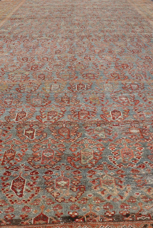 19th century Antique Feraghan Gallery Persian Rug With All - Over Paisley Geometric Design. Keivan Woven Arts / rug 19 - 0503, country of origin / type: Iran / Feraghan, circa 1890 Measures: 7'4 x 17'0 Set on Steel blue background and light... - Keivan Woven Arts19 - 0503 - 5102Rug