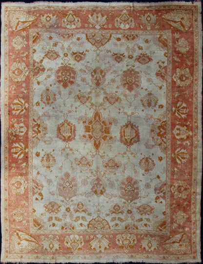 Antique Turkish Oushak Rug with All - Over Design in Ivory and Coral - Salmon. All - over flower design Oushak rug from Turkey. Keivan Woven Arts / rug 19 - 0505, country of origin / type: Turkey / Oushak, circa 1900. Antique oushak, Large antique oush... - Keivan Woven Arts19 - 0505 - 11323Rug