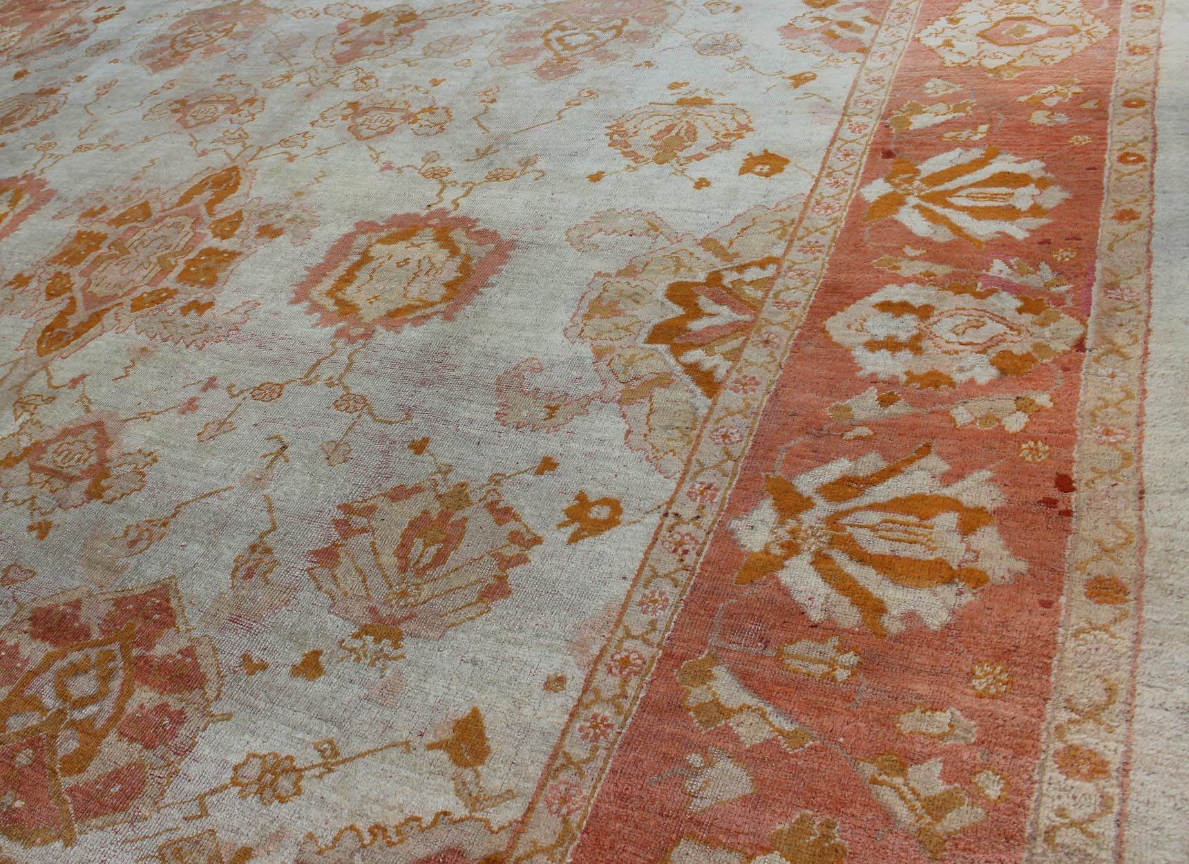 Antique Turkish Oushak Rug with All - Over Design in Ivory and Coral - Salmon. All - over flower design Oushak rug from Turkey. Keivan Woven Arts / rug 19 - 0505, country of origin / type: Turkey / Oushak, circa 1900. Antique oushak, Large antique oush... - Keivan Woven Arts19 - 0505 - 11323Rug