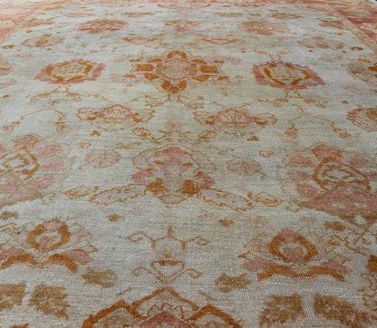 Antique Turkish Oushak Rug with All - Over Design in Ivory and Coral - Salmon. All - over flower design Oushak rug from Turkey. Keivan Woven Arts / rug 19 - 0505, country of origin / type: Turkey / Oushak, circa 1900. Antique oushak, Large antique oush... - Keivan Woven Arts19 - 0505 - 11323Rug