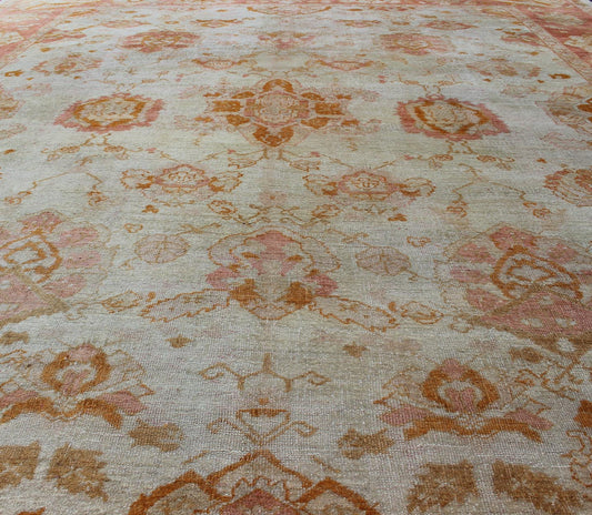 Antique Turkish Oushak Rug with All - Over Design in Ivory and Coral - Salmon. All - over flower design Oushak rug from Turkey. Keivan Woven Arts / rug 19 - 0505, country of origin / type: Turkey / Oushak, circa 1900. Antique oushak, Large antique oush... - Keivan Woven Arts19 - 0505 - 11323Rug