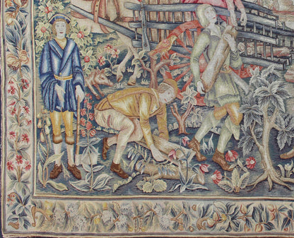 Rare, Historical, Antique European Continental Tapestry with Forest Scene, French Tapestry Antique with figures and people, animals, greenery, and castle. Keivan Woven Arts / rug #19 - 0509, country of origin / type: France / Tapestry, circa 1860 ... - Keivan Woven Arts19 - 0509 - 7181Rug
