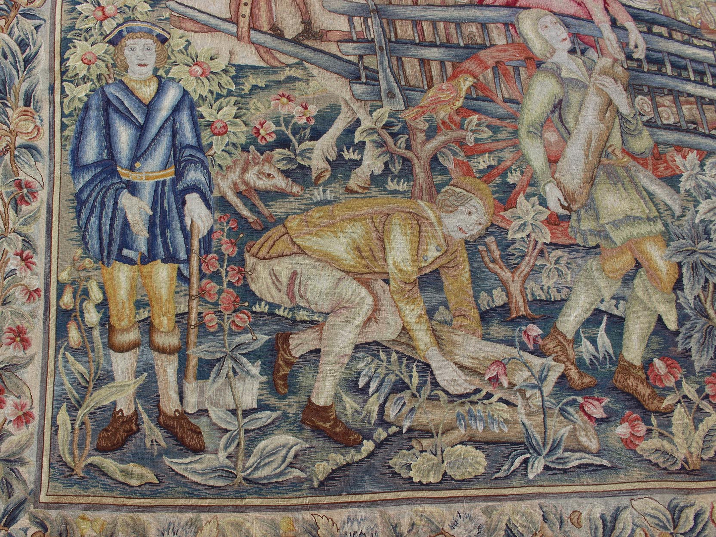 Rare, Historical, Antique European Continental Tapestry with Forest Scene, French Tapestry Antique with figures and people, animals, greenery, and castle. Keivan Woven Arts / rug #19 - 0509, country of origin / type: France / Tapestry, circa 1860 ... - Keivan Woven Arts19 - 0509 - 7181Rug