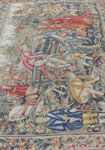 Rare, Historical, Antique European Continental Tapestry with Forest Scene, French Tapestry Antique with figures and people, animals, greenery, and castle. Keivan Woven Arts / rug #19 - 0509, country of origin / type: France / Tapestry, circa 1860 ... - Keivan Woven Arts19 - 0509 - 7181Rug