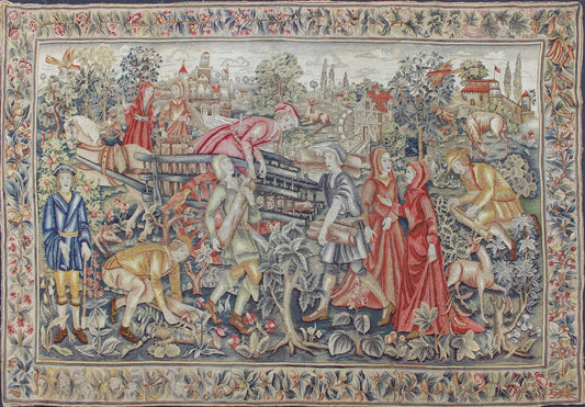 Rare, Historical, Antique European Continental Tapestry with Forest Scene, French Tapestry Antique with figures and people, animals, greenery, and castle. Keivan Woven Arts / rug #19 - 0509, country of origin / type: France / Tapestry, circa 1860 ... - Keivan Woven Arts19 - 0509 - 7181Rug