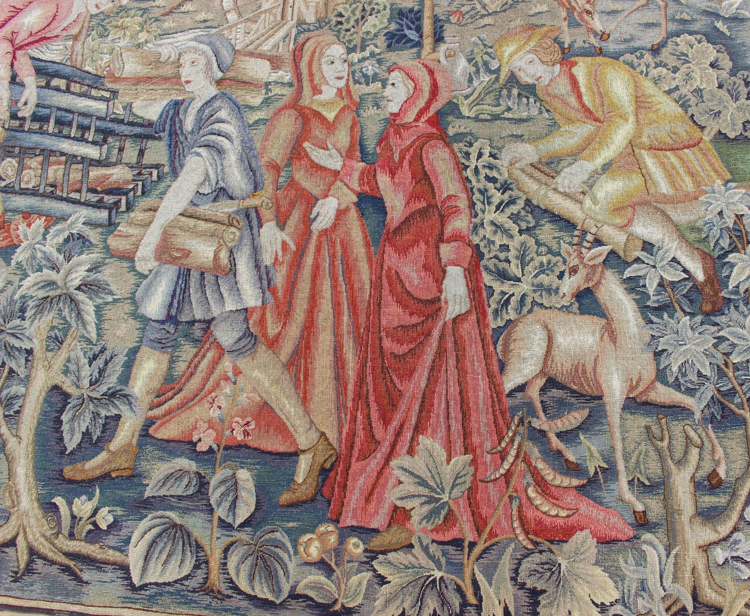 Rare, Historical, Antique European Continental Tapestry with Forest Scene, French Tapestry Antique with figures and people, animals, greenery, and castle. Keivan Woven Arts / rug #19 - 0509, country of origin / type: France / Tapestry, circa 1860 ... - Keivan Woven Arts19 - 0509 - 7181Rug