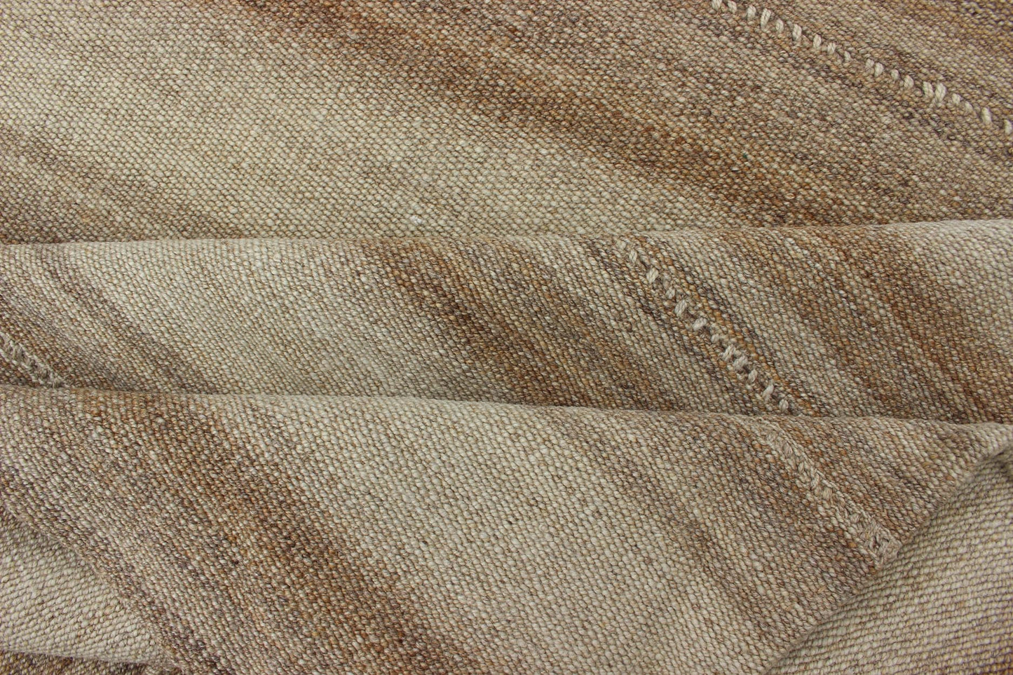 Antique Persian Kilim rug, antique flat - weave Kilim from Iran with horizontal stripe design in shades of light Brown, Khaki, and warm taupe, rug 19 - 0510, country of origin / type: Turkey / Kilim, circa 1930 This square - sized, tribal Persian Kili... - Keivan Woven Arts19 - 0510 - 11369Rug