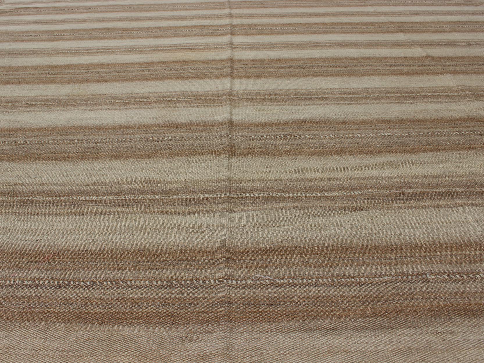 Antique Persian Kilim rug, antique flat - weave Kilim from Iran with horizontal stripe design in shades of light Brown, Khaki, and warm taupe, rug 19 - 0510, country of origin / type: Turkey / Kilim, circa 1930 This square - sized, tribal Persian Kili... - Keivan Woven Arts19 - 0510 - 11369Rug