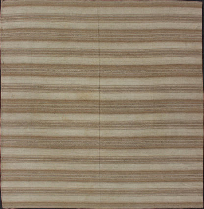 Antique Persian Kilim rug, antique flat - weave Kilim from Iran with horizontal stripe design in shades of light Brown, Khaki, and warm taupe, rug 19 - 0510, country of origin / type: Turkey / Kilim, circa 1930 This square - sized, tribal Persian Kili... - Keivan Woven Arts19 - 0510 - 11369Rug
