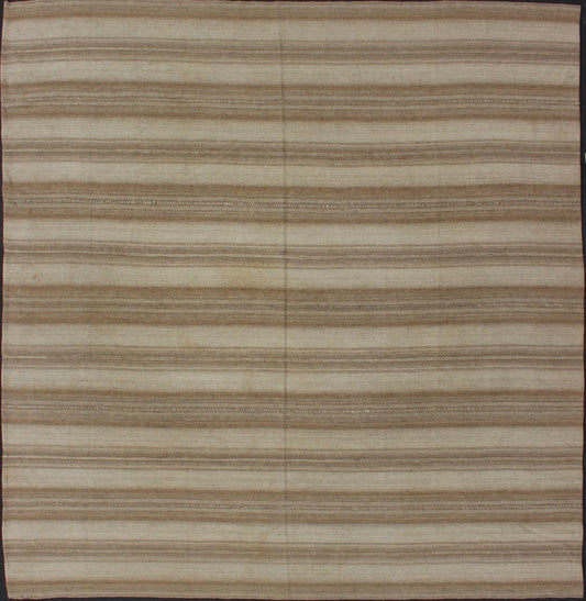 Antique Persian Kilim rug, antique flat - weave Kilim from Iran with horizontal stripe design in shades of light Brown, Khaki, and warm taupe, rug 19 - 0510, country of origin / type: Turkey / Kilim, circa 1930 This square - sized, tribal Persian Kili... - Keivan Woven Arts19 - 0510 - 11369Rug