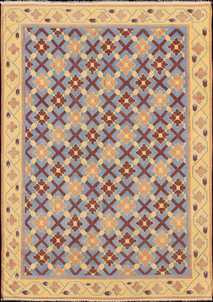 Vintage Flat Weave Cotton Dhurrie With Star Pattern in Blue, Yellow & Brown Red, Keivan Woven Arts. Star pattern flat - woven Dhurrie from India vintage rug, rug 19 - 0603, country of origin / type: India / Dhurrie, circa 1960 This vintage In... - Keivan Woven Arts19 - 0603 - 11473Rug