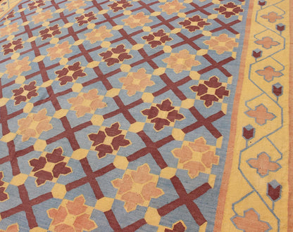 Vintage Flat Weave Cotton Dhurrie With Star Pattern in Blue, Yellow & Brown Red, Keivan Woven Arts. Star pattern flat - woven Dhurrie from India vintage rug, rug 19 - 0603, country of origin / type: India / Dhurrie, circa 1960 This vintage In... - Keivan Woven Arts19 - 0603 - 11473Rug
