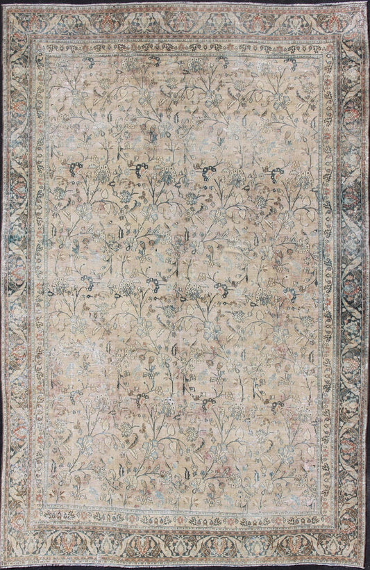 Earth tones large Antique Persian Khorassan with All - Over Earth Tones in neutral tones and Neutral background with Brown, Blue. Sub floral design Khorassan antique rug from Persia in natural color Palette. Keivan Woven Arts rug 19 - 0605, country of orig... - Keivan Woven Arts19 - 0605 - 11483Rug