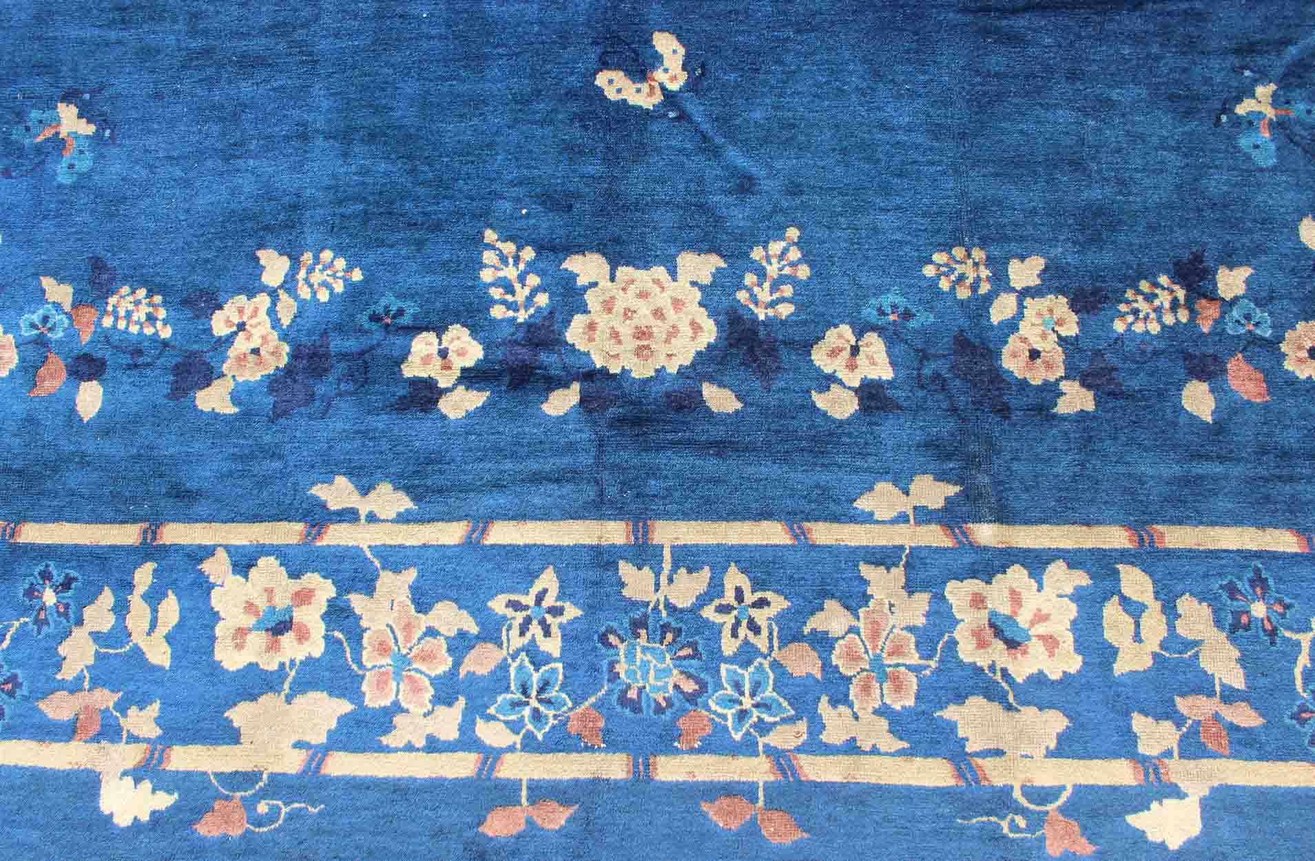 Antique Chinese Peking Rug in Navy Blue with Medallion Flower Vases and Vines. Antique Chinese rug. Chinese Peking rug. Keivan Woven Arts / rug 19 - 0802, country of origin / type: China / Peking , circa 1890. Measures: 12'4 x 14'6. Alive with col... - Keivan Woven Arts19 - 0802 - 11505Rug