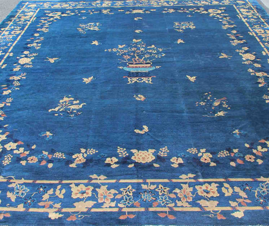 Antique Chinese Peking Rug in Navy Blue with Medallion Flower Vases and Vines. Antique Chinese rug. Chinese Peking rug. Keivan Woven Arts / rug 19 - 0802, country of origin / type: China / Peking , circa 1890. Measures: 12'4 x 14'6. Alive with col... - Keivan Woven Arts19 - 0802 - 11505Rug