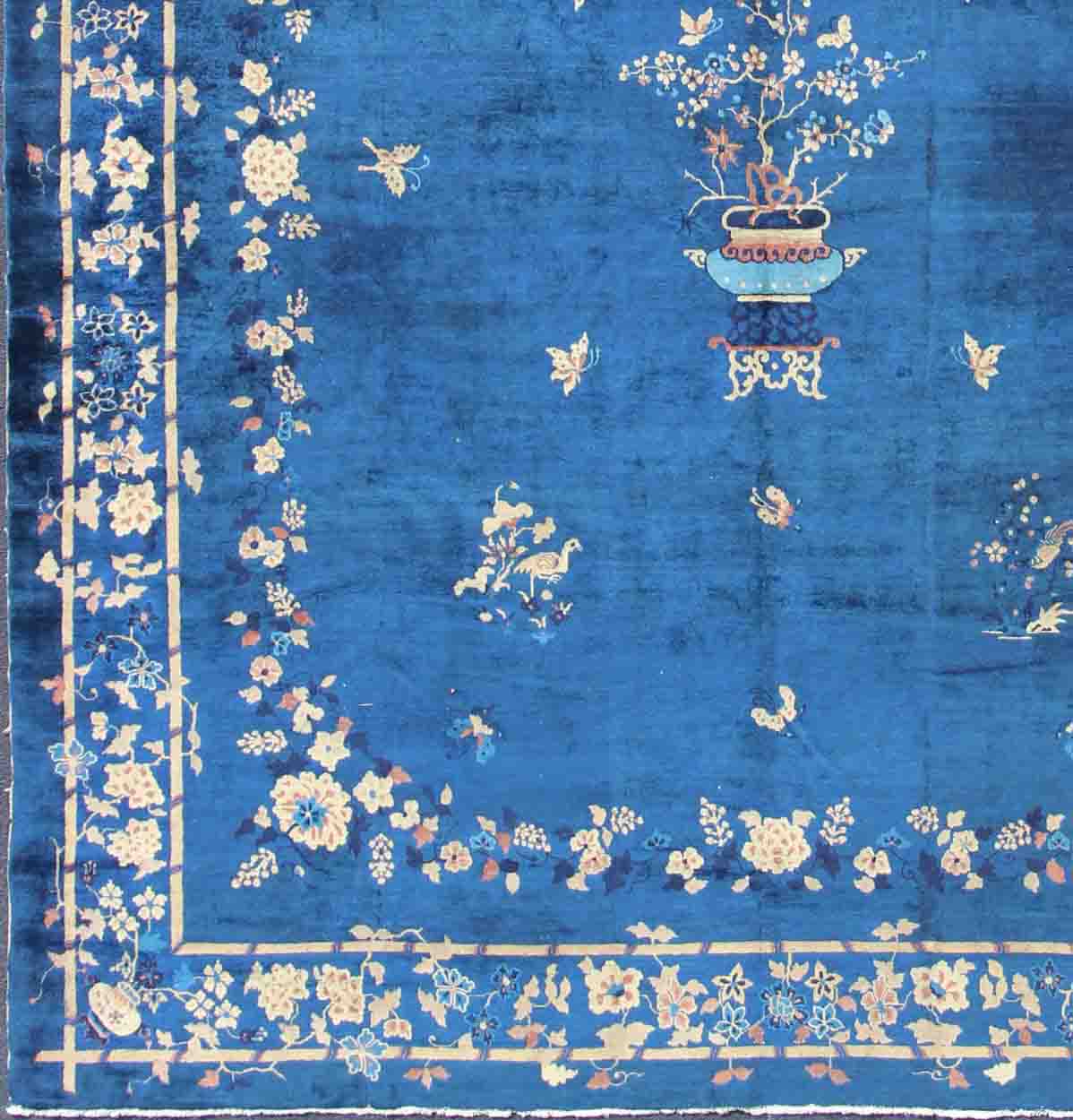 Antique Chinese Peking Rug in Navy Blue with Medallion Flower Vases and Vines. Antique Chinese rug. Chinese Peking rug. Keivan Woven Arts / rug 19 - 0802, country of origin / type: China / Peking , circa 1890. Measures: 12'4 x 14'6. Alive with col... - Keivan Woven Arts19 - 0802 - 11505Rug