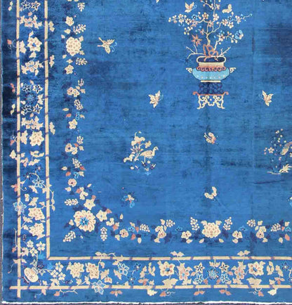 Antique Chinese Peking Rug in Navy Blue with Medallion Flower Vases and Vines. Antique Chinese rug. Chinese Peking rug. Keivan Woven Arts / rug 19 - 0802, country of origin / type: China / Peking , circa 1890. Measures: 12'4 x 14'6. Alive with col... - Keivan Woven Arts19 - 0802 - 11505Rug