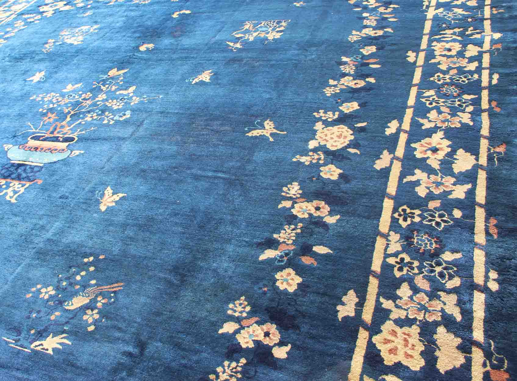 Antique Chinese Peking Rug in Navy Blue with Medallion Flower Vases and Vines. Antique Chinese rug. Chinese Peking rug. Keivan Woven Arts / rug 19 - 0802, country of origin / type: China / Peking , circa 1890. Measures: 12'4 x 14'6. Alive with col... - Keivan Woven Arts19 - 0802 - 11505Rug